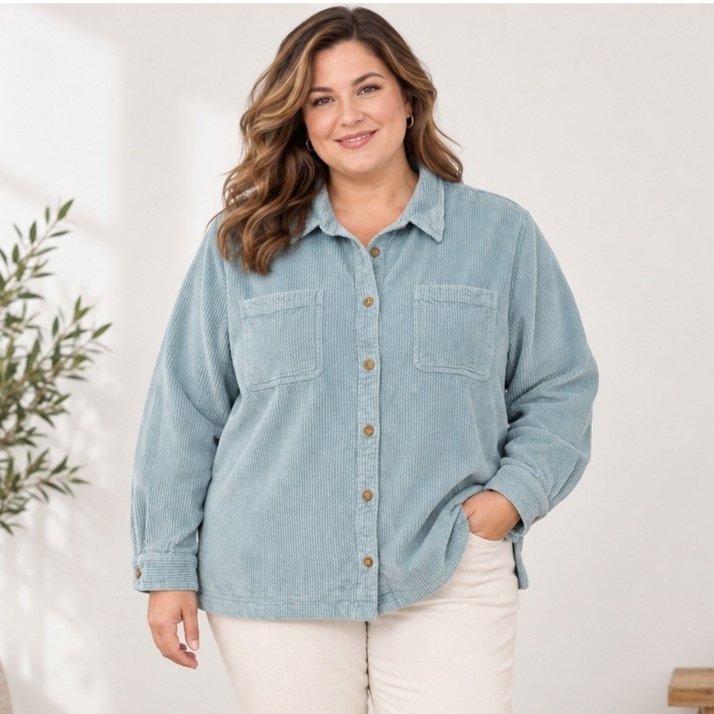 LL Bean Corduroy Button Down Shacket Women Size 2X Blue Long Sleeve Pockets Fall